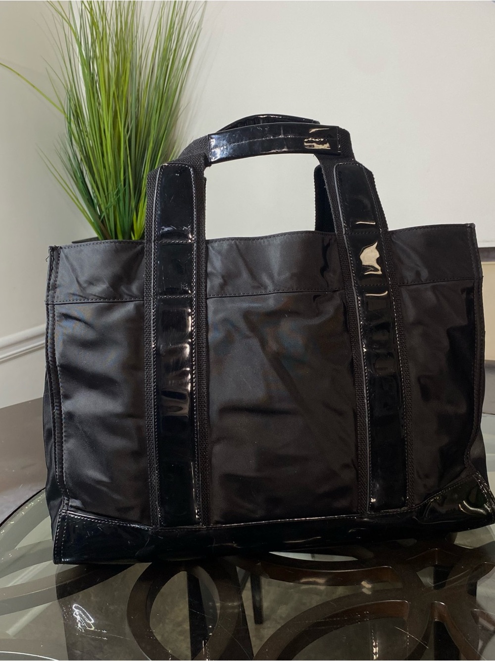 Tory Burch Ella Tote Bag Black Nylon Patent Leather Medium Large - Picture 4 of 8